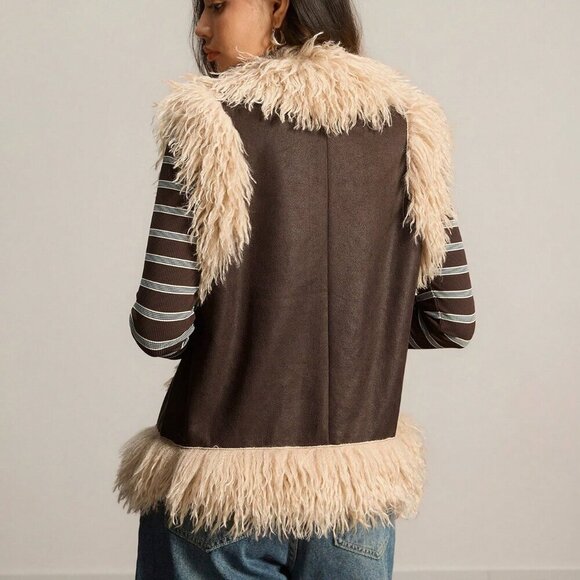 Casual Chocolate Brown Women's Faux Fur detailed Vest Jacket - Picture 2 of 8